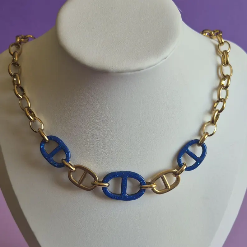 Collier Bleu Nuit Saphyr - Maillons Grain de Café Résine Pailletée – Image 2