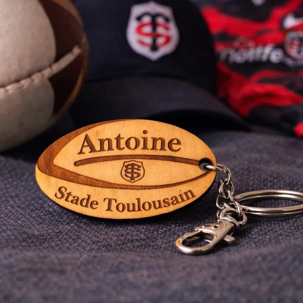 Porte-clés rugby personnalisé – Ballon ovale bois gravé – Prénom + équipe – Cadeau fan – Image 2