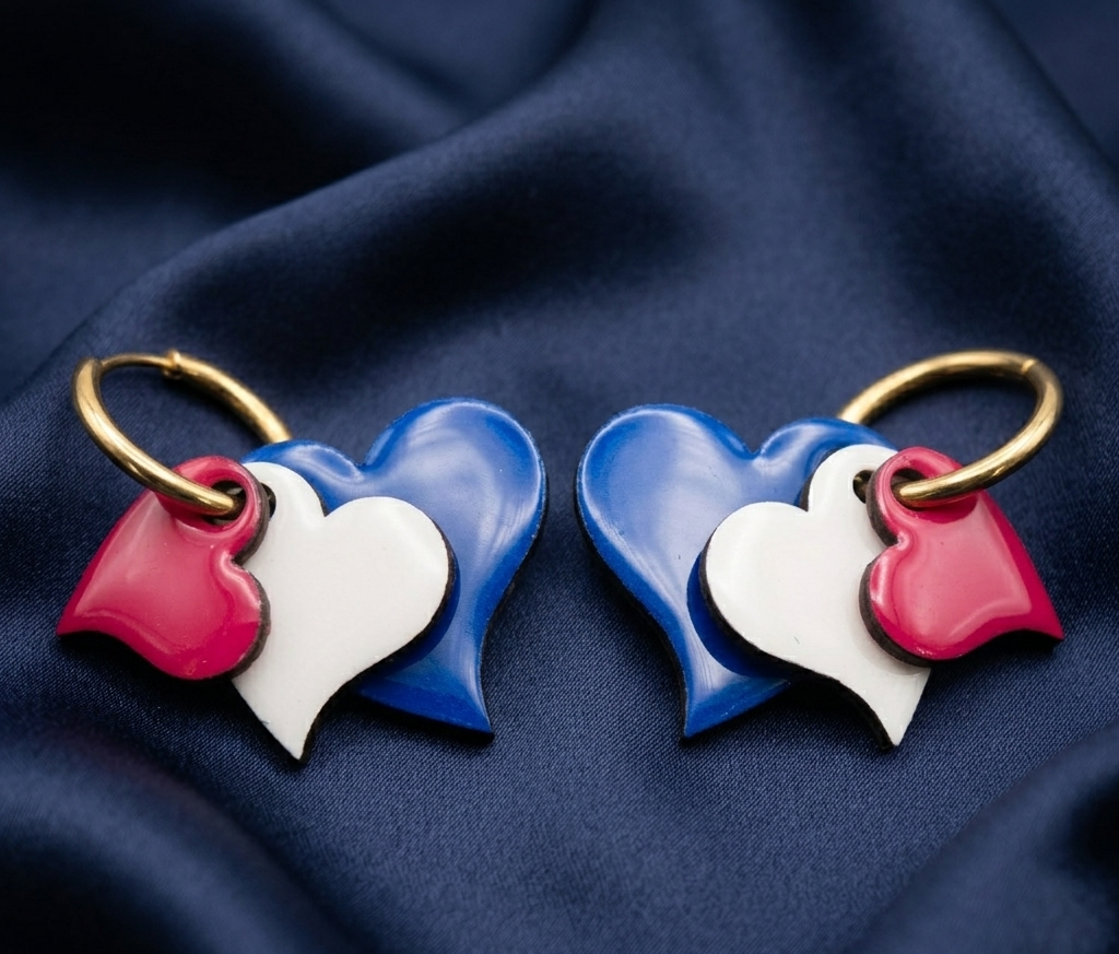 Boucles d'oreilles cœurs bleu blanc rouge – Bois peint et résine – Bijou supporter France – Image 3