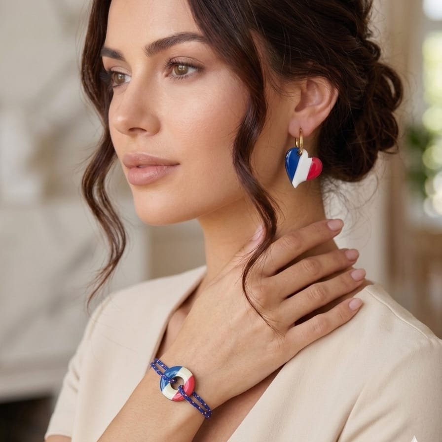 Pack France – Bracelet cordon + Boucles d'oreilles cœur bleu blanc rouge – Bois et résine – Image 2