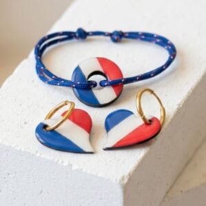 Pack France – Bracelet cordon + Boucles d’oreilles cœur bleu blanc rouge – Bois et résine