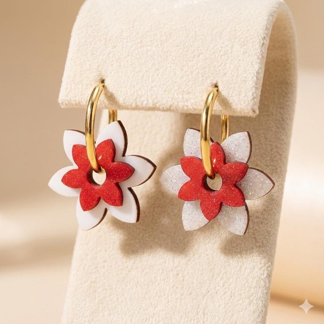 Boucles d’oreilles Créoles Fleurs Rouge et Blanc Irisé – Boucles d'Oreilles Acier Inoxydable – bijou fait main Perlecatalane