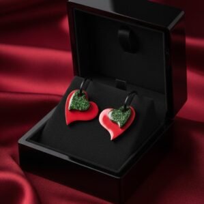 Boucles d’oreilles Créoles Double Cœur Rouge et Noir Pailletés