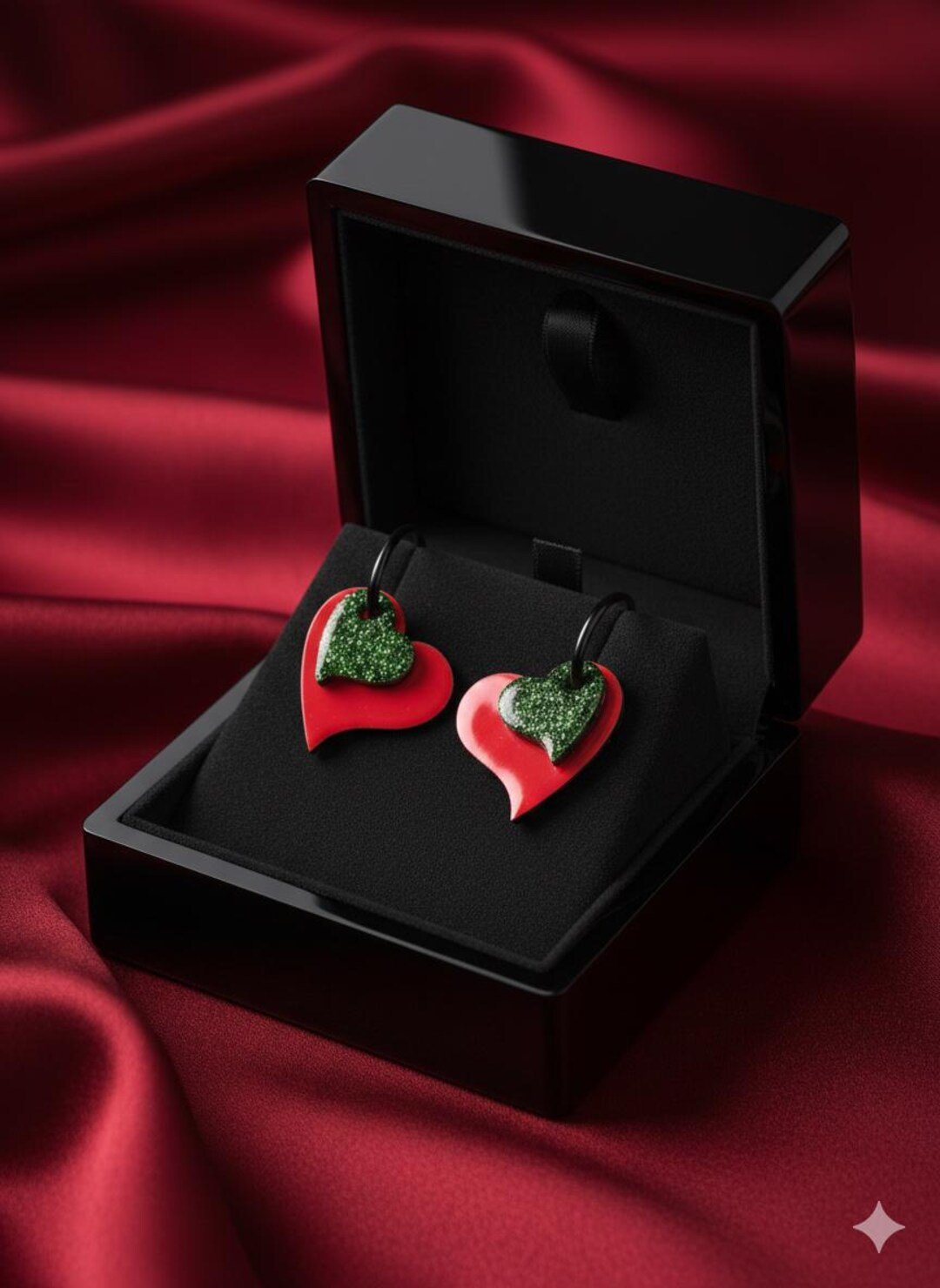 Boucles d’oreilles Créoles Double Cœur Rouge et Noir Pailletés – Boucles d'Oreilles Acier Inoxydable – bijou fait main Perlecatalane