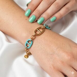 Bracelet artisanal vert menthe pailleté en bois et résine
