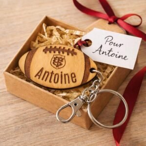 Porte-clés rugby personnalisé – Ballon bois gravé prénom – Cadeau supporter