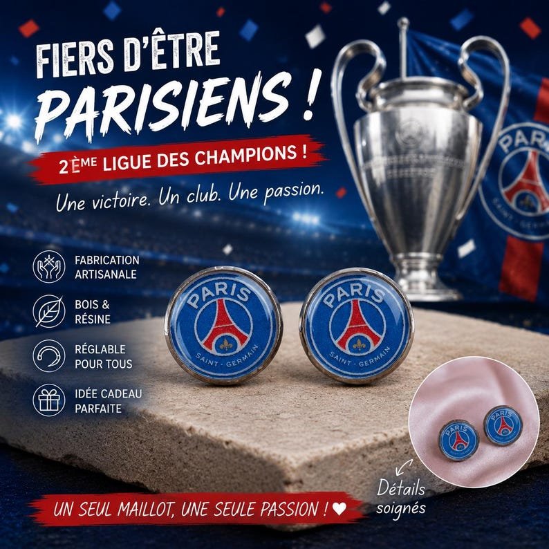 Boucles d'oreilles PSG – puces d'oreilles football – bijou supporter Paris Saint-Germain – Perlecatalane