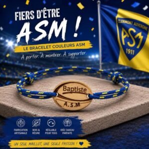 Bracelet Rugby ASM Clermont Auvergne personnalisé – Prénom gravé sur bois