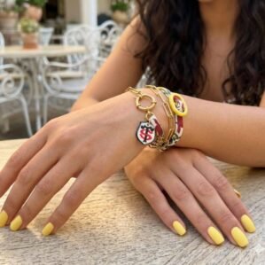 Bracelet liberty Stade Toulousain – Tissu floral & chaîne dorée – Breloque écusson ST