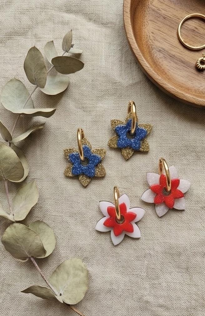 Boucles d'oreilles Créoles Fleurs Rouge et Blanc Irisé – Image 7