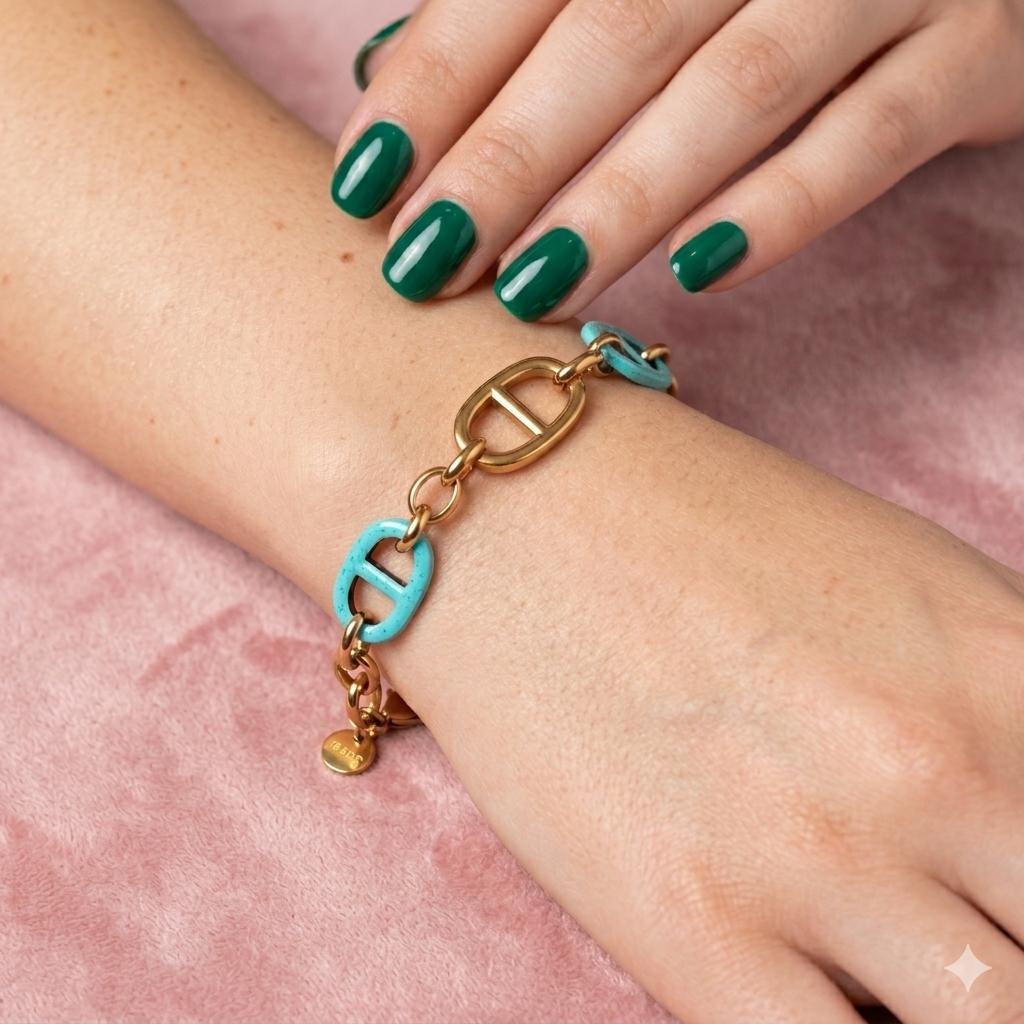 Bracelet artisanal vert menthe pailleté en bois et résine – Image 3