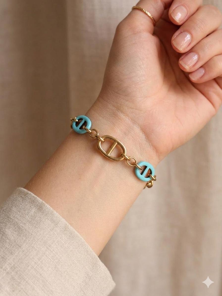 Bracelet artisanal vert menthe pailleté en bois et résine – Image 4