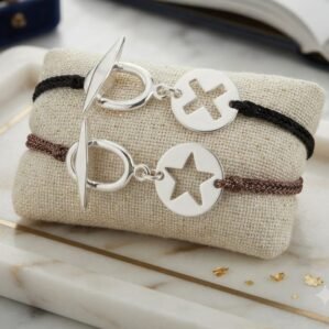 Silver-Plated Cross & Star Bracelet – Adjustable Black or Brown Cord