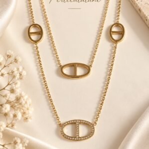 Gold or Silver Stainless Steel Double-Layer Long Necklace – Marine Link Motifs & Crystals